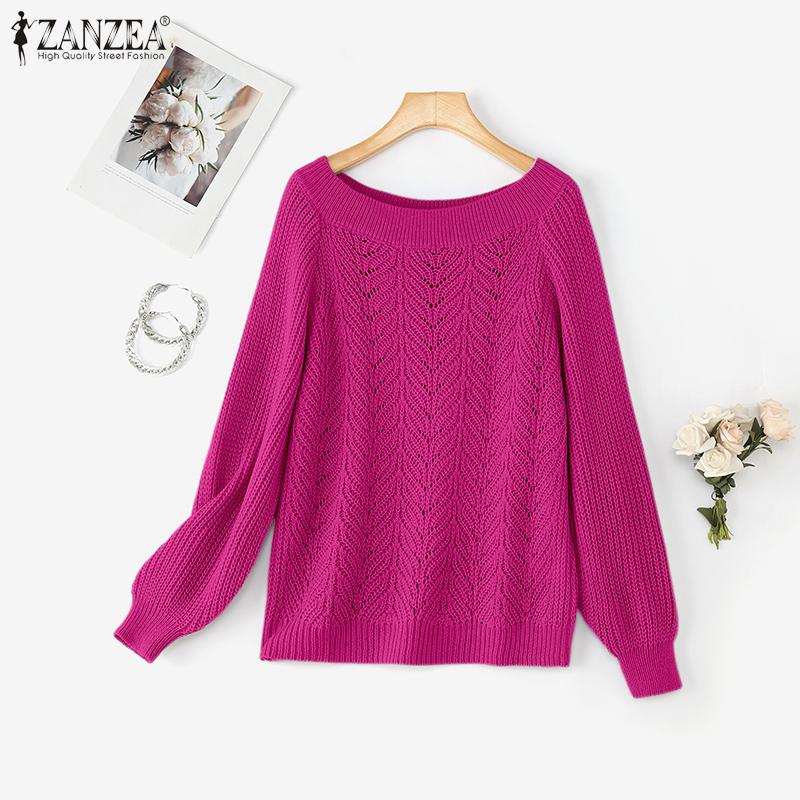 ZANZEA Autumn Winter Women Off Shoulder Long Sleeve Knitted Hollow Sweater Jumper Pullovers