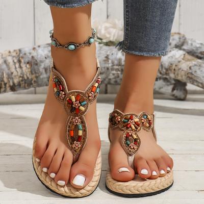 Damen Retro Lässige Römische Flache Rutschfeste Perlen-Sandalen