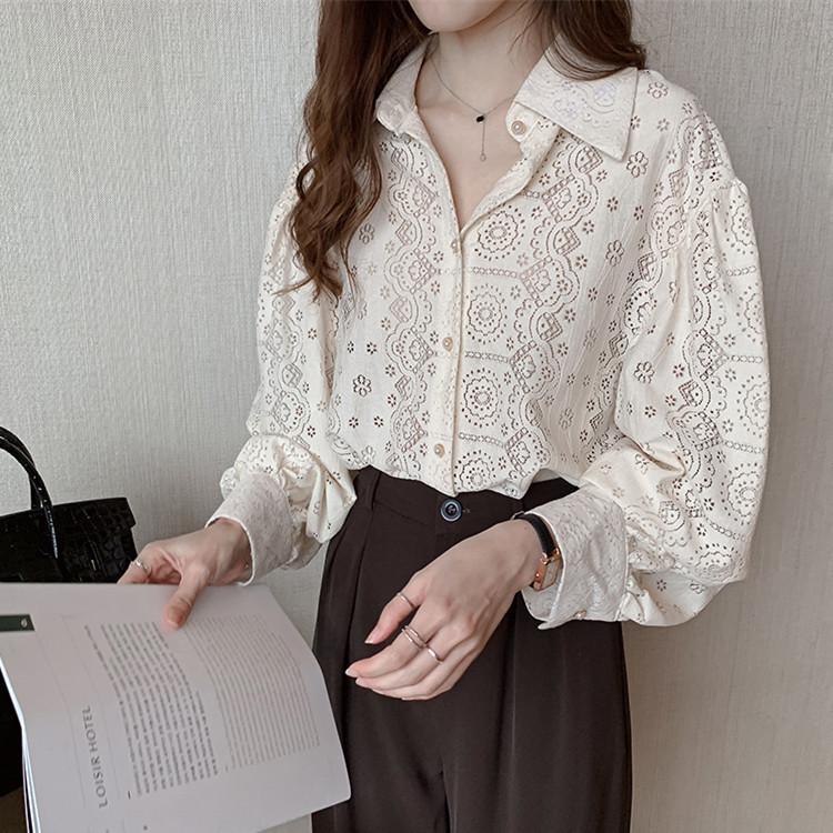 Women's Korean-Style Lace Cotton Long-Sleeve Shirt - Niche, Fashionable, & Loose Fit