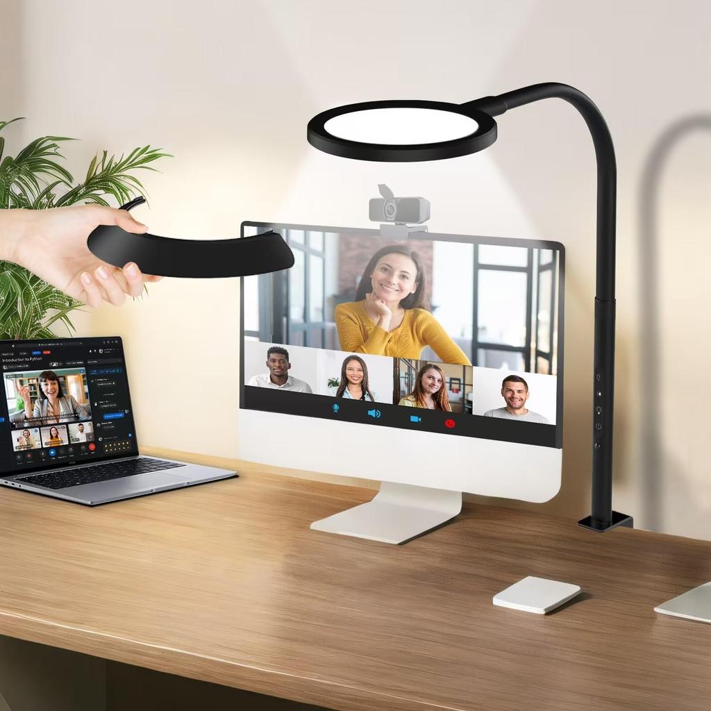 Clamp-on LED Desk Lamp with Sunshade and Touch Control, Eye-Friendly, Architectural Lighting Gooseneck Task Lamp with 25 Lighting Effect Modes, Clamp
