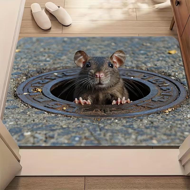 3D Rat Optical Illusion Carpet Front Door Mat Realistic Stone Road Mouse Peeking Welcome Rug for Indoor Entrance Home Decor