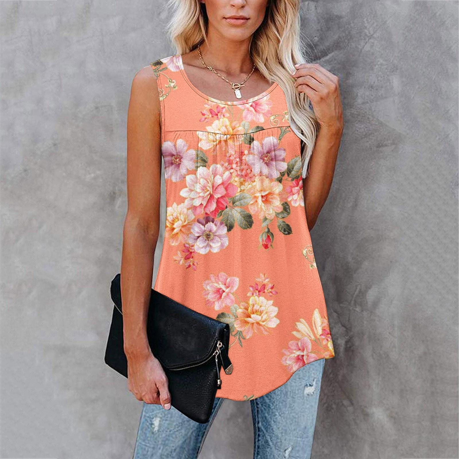 

Жіноча повсякденна плісирована футболка без рукавів великого розміру з квітковим принтом S помаранчевий