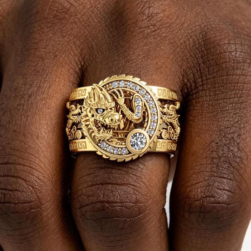 Men's 3D Gold Ring with Diamond-Accented Dragon, Hollow Craft, Retro-Inspired