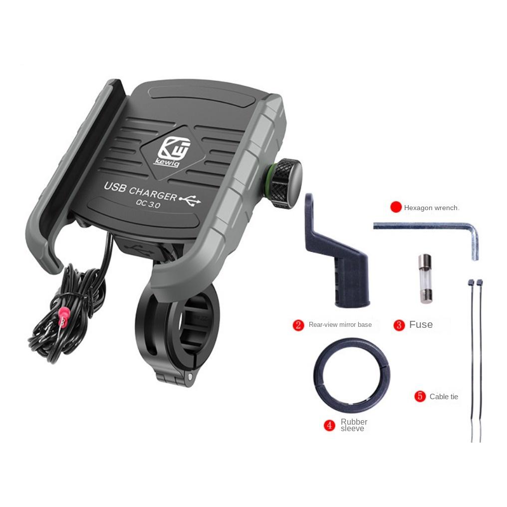 Motorsykkel Telefonholder Lader, USB/QC 3.0 Uttak med Bryter, 360° Vanntett, USB-lader, Aluminium Styre/Speilfeste for 3,5-6 Tommers Telefoner