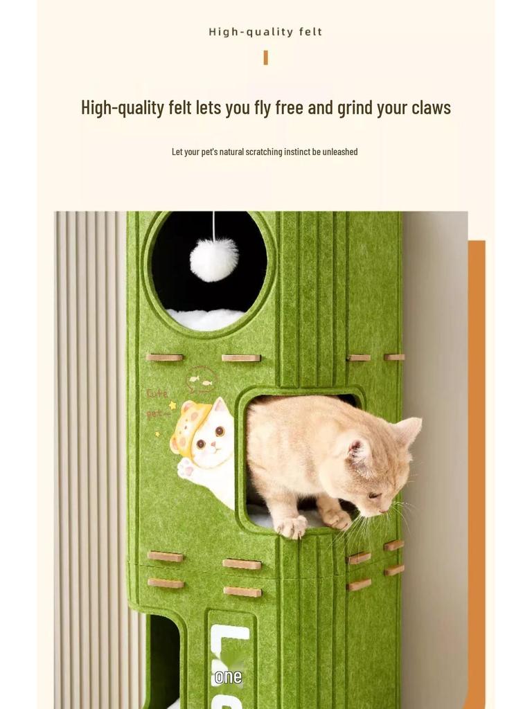 Waterwood Space-Saving Cat Climbing Frame: Felt Barrel Nest with Three Layers and Tree Hole for Big Cats