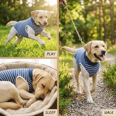 Stripe Pattern Pet Recovery Suit Back Buckle Breathable Weave Post Surgery Onesie High Stretch Fabric Four Leg Design