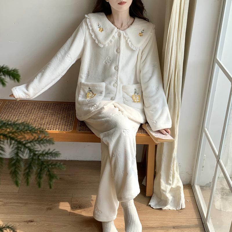 D Winter new pocket butterfly flower sweet thickened warm pajamas set loungewear women s spot M