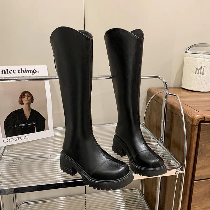 Fashion Fashion Platform Leather Knight Boots for Women Autumn Winter Soft-soled Women's Shoes Designer Increase Knee-high Boots Female