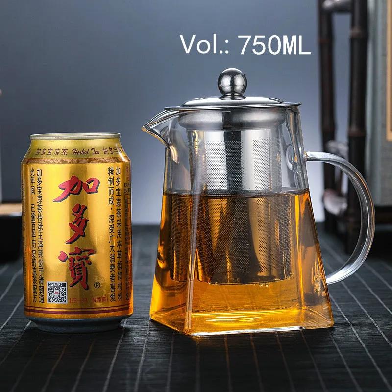 Heat-Resistant Glass Teapot, with Stainless Steel Filter Baskets, Clear Kettle, Brewing Tea Pot, Heatable Pitcher, Jug, Square