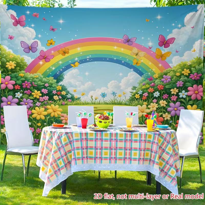 2D Fairy Tale Garden Backdrop, Sparkling Rainbow with Flowers and Butterflies Background for Nursery & Kids Photos
