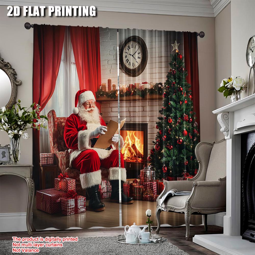 

2 шт. штор с Сантой Старый Санта-Клаус сидит дома в рождественскую ночь и читает письмо возле елки Гостиная Спальня Окно 52.50 × 116.00 cm 2 pcs