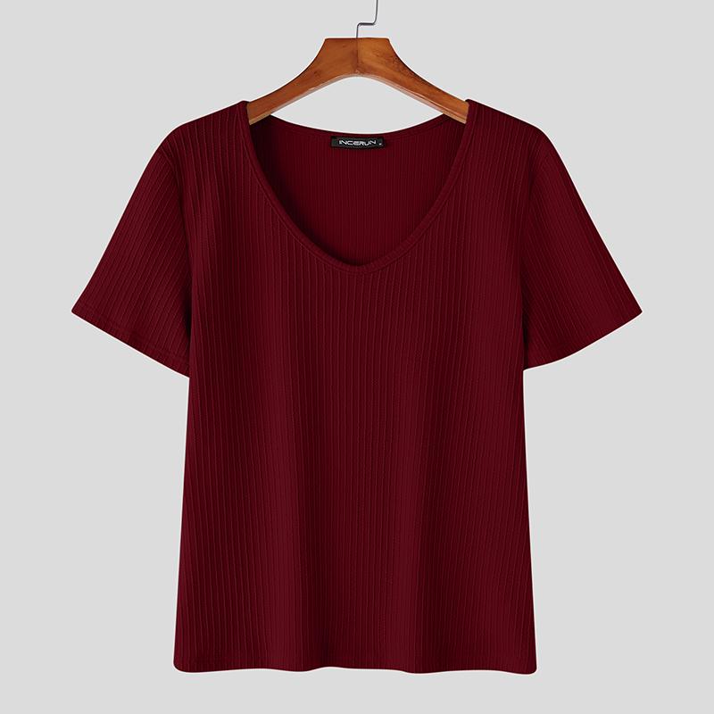 

INCERUN Летние мужские футболки с коротким рукавом и текстурой, повседневные топы с круглым вырезом 3XL вино красного