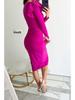 V-Neck Waist-Cinching Slit Solid Color Long Sleeve Dress