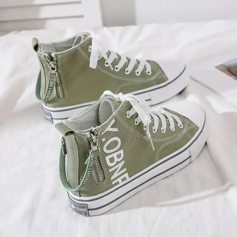 Women Canvas Flat Shoes Spring and Autumn New High Top Fashion Women Zipper Breathable Fabric Casual Canvas Sneakers