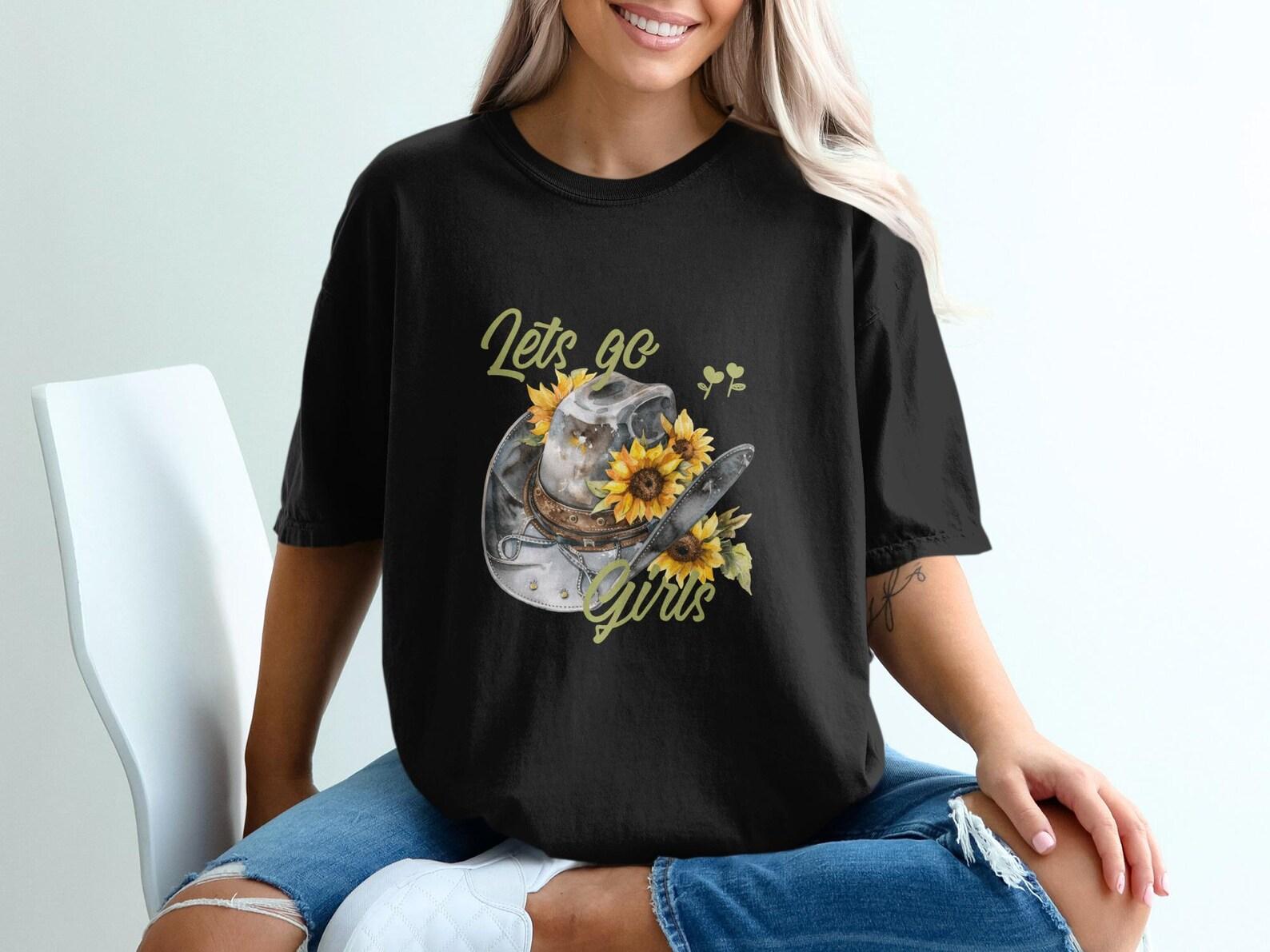 Lets Go Girls Cowgirl Hat Sunflower T-Shirt, Western Bachelorette Nashville Tee L