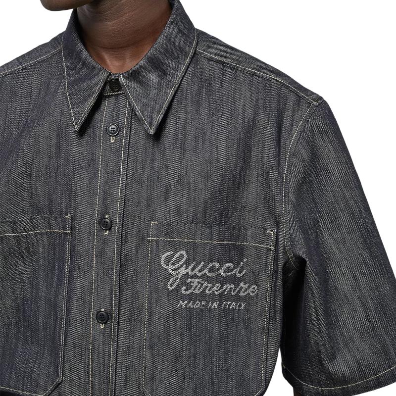 GUCCI Denim Shirt With Jacquard Detail Shirt Men's Dark Blue 782396-XDCWP-4759