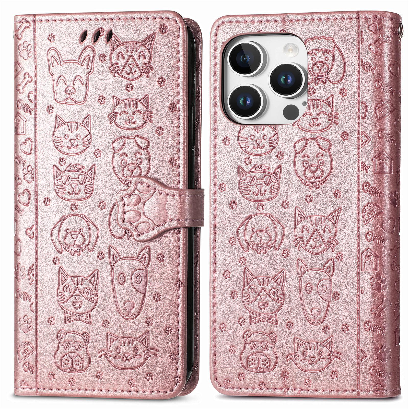 

For iPhone 16 Pro Max Leather Wallet Case Flip Phone Cover with Cute Cat Dog Pattern Rose Gold