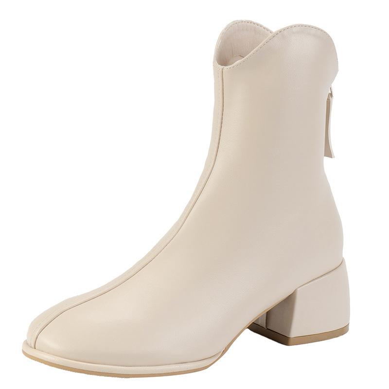 Coarse heel short women's leather boots autumn and winter new rear zipper women's large size V-mouth fashion women's boots