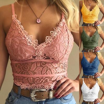 Women Fashion Deep V Neck Floral Lace Bra Sexy Spaghetti Straps Underwear Summer Slim Push Up Crop Top Hollow Out Sleeveless Bra Vest