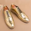 Hot Selling Luxury Gold Men's Business Dress Shoes In Europe America Glossy Brogue Shoes Men's Split Leather Shoes Free Delivery