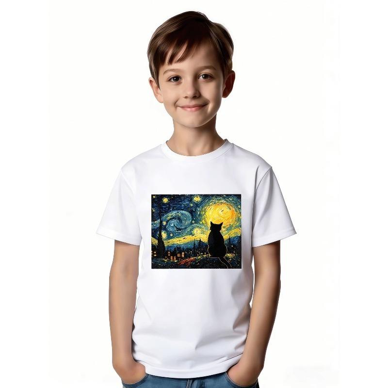 European Sizes Black Cat and Starlit Sky T-Shirt for Boys and Girls - Impressionist-style Charming Design, Short-sleeved Summer Casual Wear