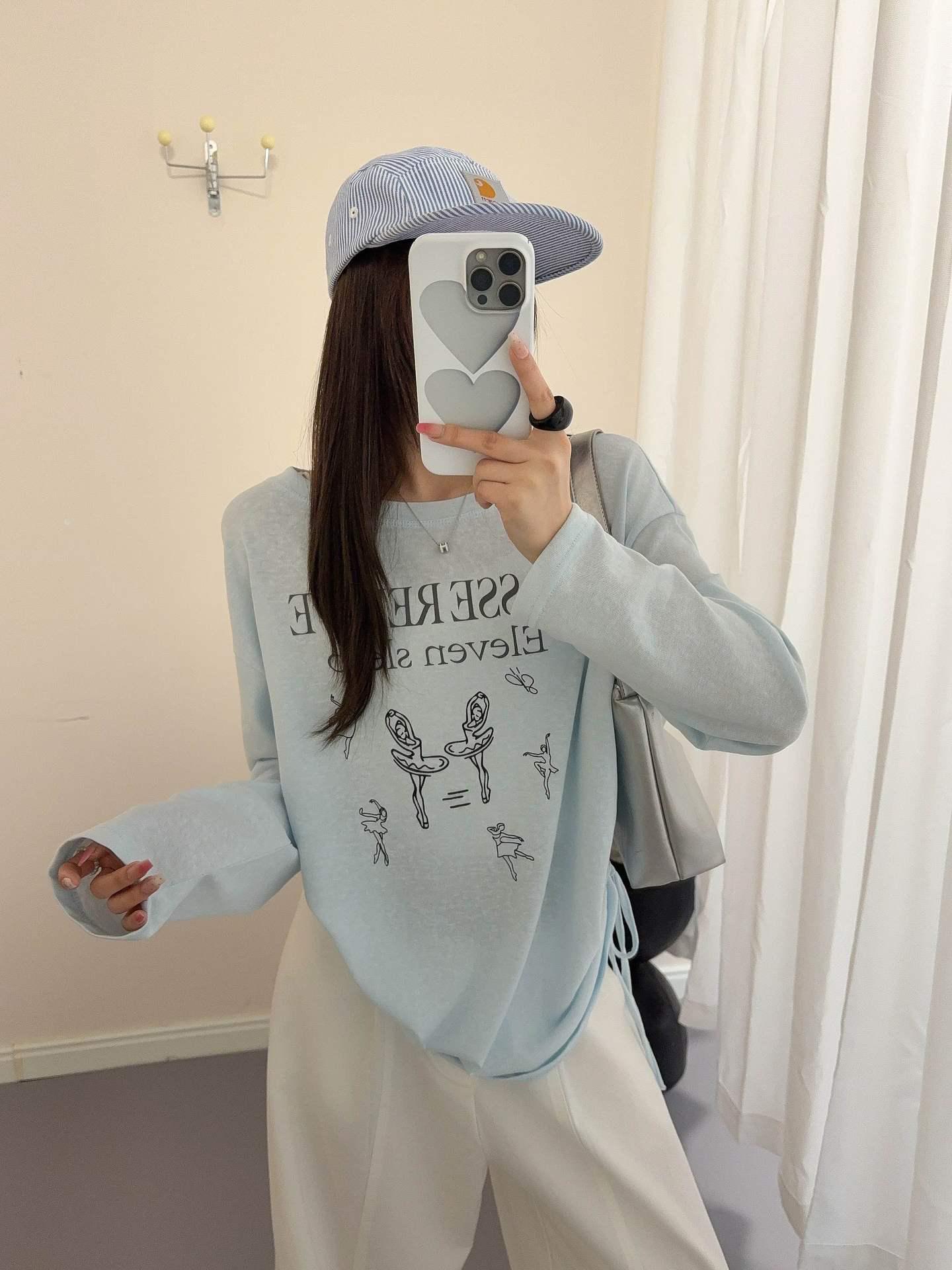 

Korean Style Ballet Print Loose Off-Shoulder Crew Neck Women s Long Sleeve Casual Top - New Spring Arrival One Size синий
