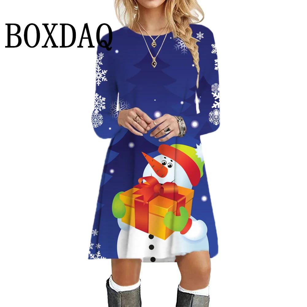 Fashion Christmas Women Party Dresses Funny Cute Santa Claus 3D Printed Loose Casual Long Sleeve Dress Autumn Winter Clothes