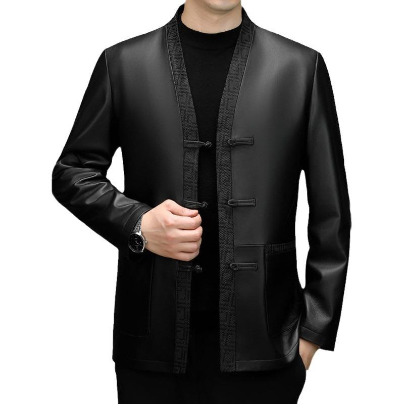 Men's new first-layer sheepskin Tang suit disc-buckled leather jacket jacket top men's trendy men's clothing