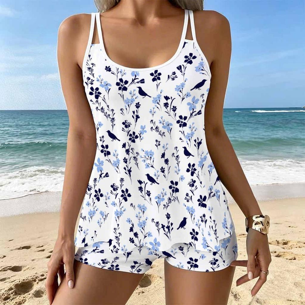 Women's Swimwear Tankini 2 Piece Swimsuit  Floral Hem Pattern Vacation Bathing Suits