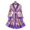 French spring dress women's new retro suit collar long sleeve waist single-breasted printed A-shaped skirt