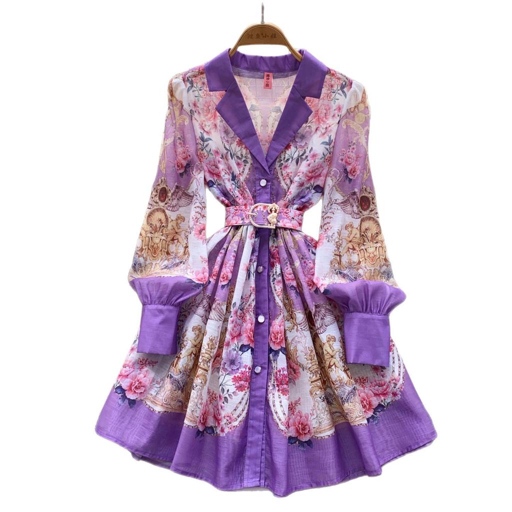 French spring dress women's new retro suit collar long sleeve waist single-breasted printed A-shaped skirt
