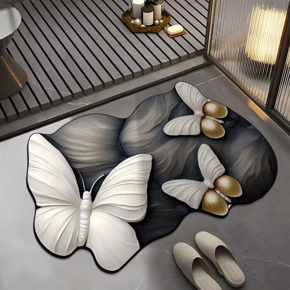 3D Visual Butterfly Flower Diatom Mud Floor Mat For Home Foot Mat, Non Mat Slip Water Door Toil X3Q4