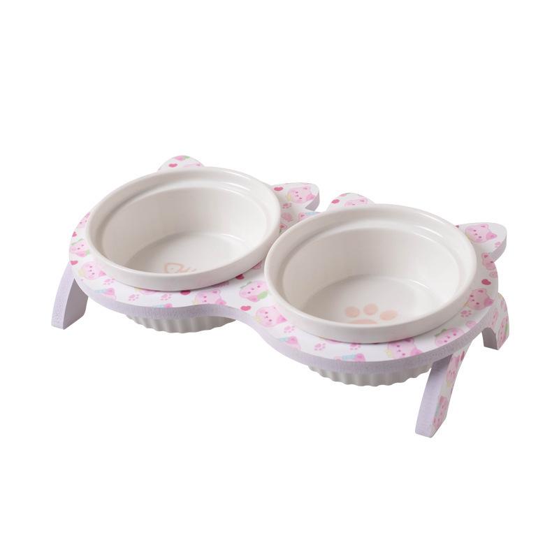 Ceramic Double Cat Bowl - Slanted, Anti-Tip Design for Cervical Protection - Cat Food & Water Bowl