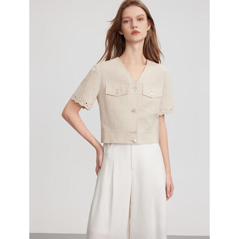ELLE French Vacation Linen Blend Embroidered V-Neck Shirt S