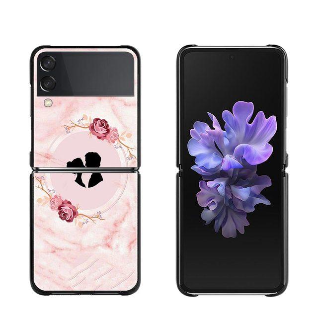 Pink Marble Flower Phone Case For Samsung Galaxy Z Flip3 5g Back Pc Case For Samsung Z Flip Capa Black Shell Hard Fundas
