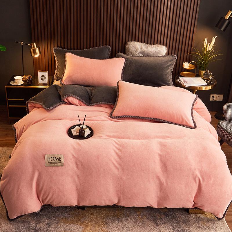 Thickened milk fleece four-piece set crystal fleece thermal bed sheet double-sided fleece quilt cover solid color