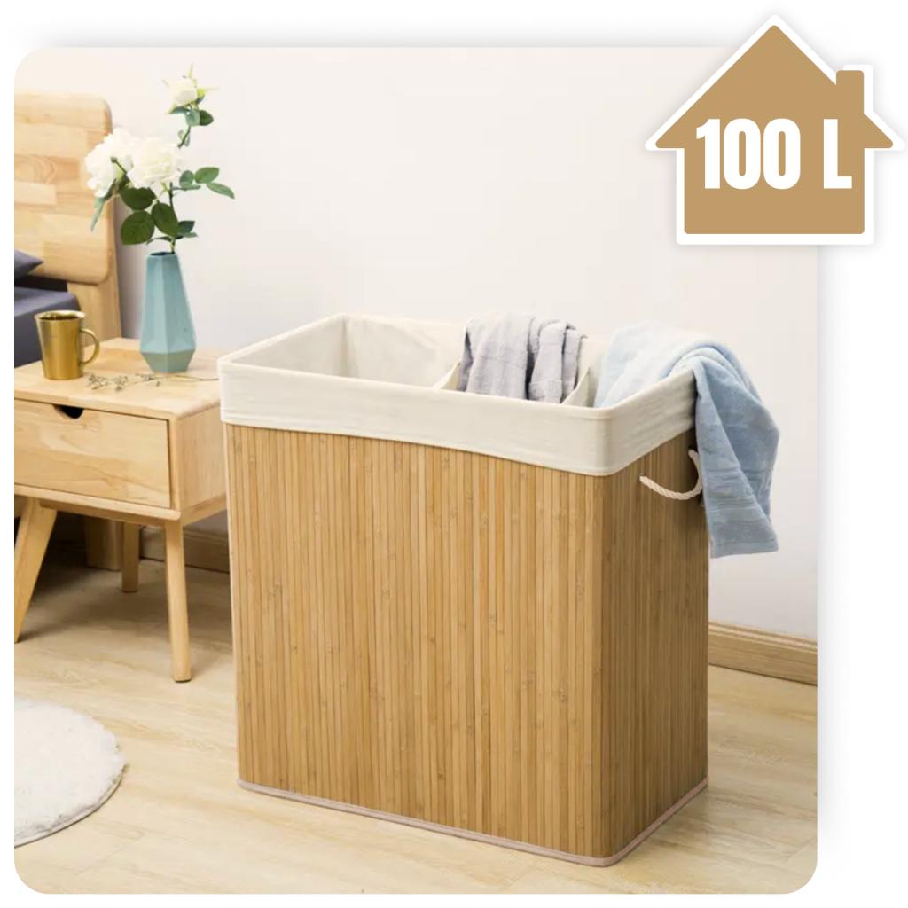 Three-compartment bamboo laundry basket, beige, 100 l