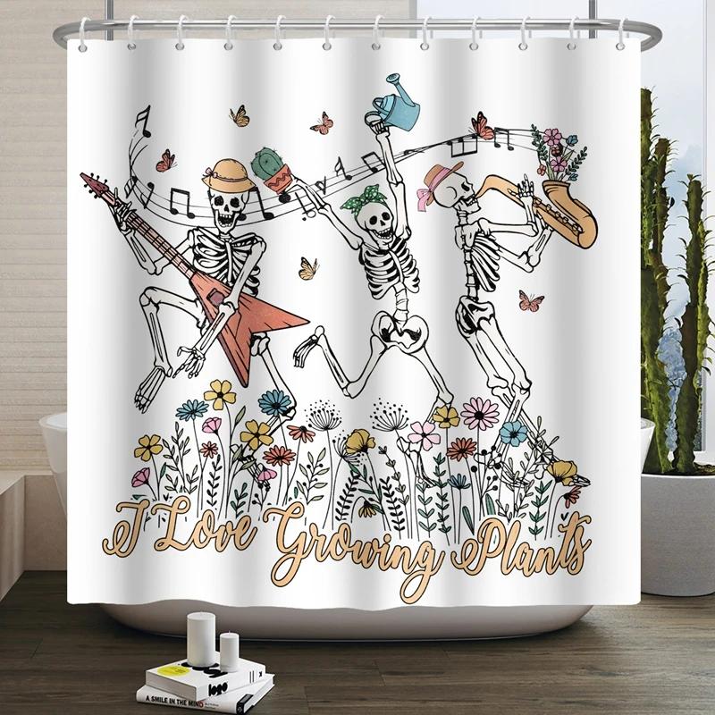 Floral Skull Shower Curtain Mushroom Gothic Halloween Bathroom Decor Curtain Skeleton Butterfly Vintage Artwork Bathtub Curtain