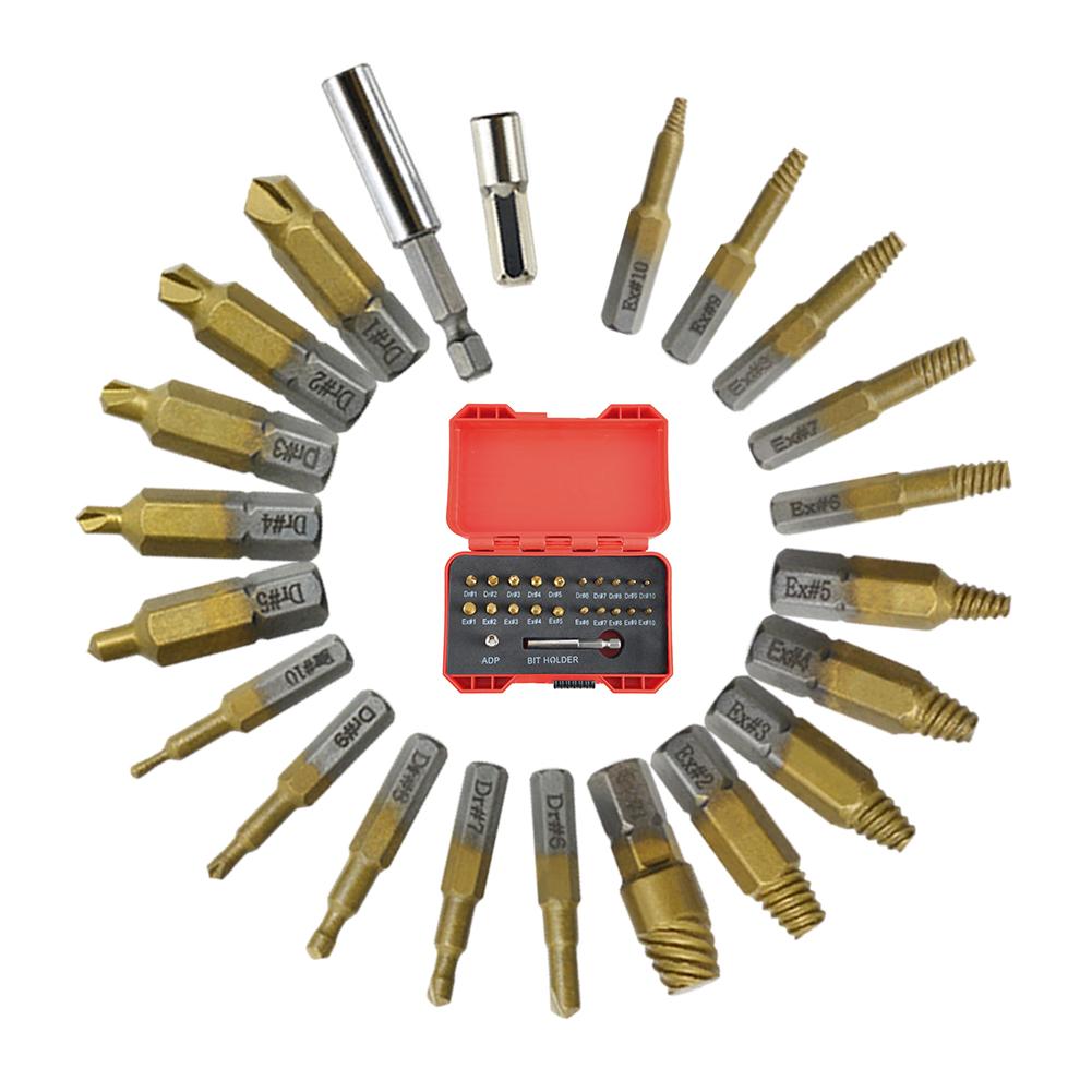 Set of 20 Metal Screw Extractors with Magnetic Extension Bit Holder and Socket Adapter for Hard To Remove Screws