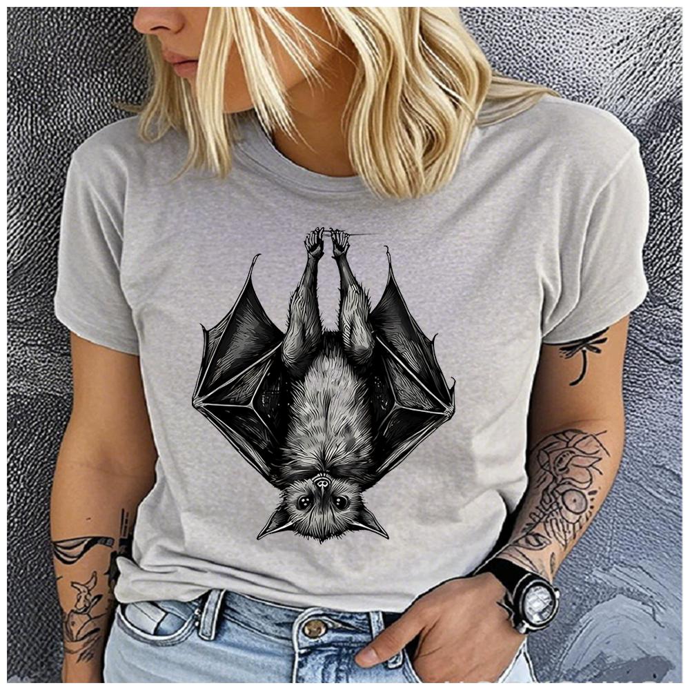 Womens Cotton  Animal Bat Print Tshirt Loose Round Neck Casual Short Sleeve Fashion Top  Clothing Summer