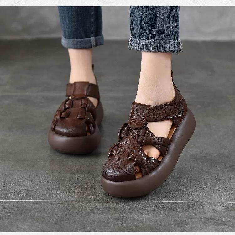 Johnature Genuine Leather Retro Hand Woven Hollow-out Sandals Soft Soled Women's Flat Platform Shoes