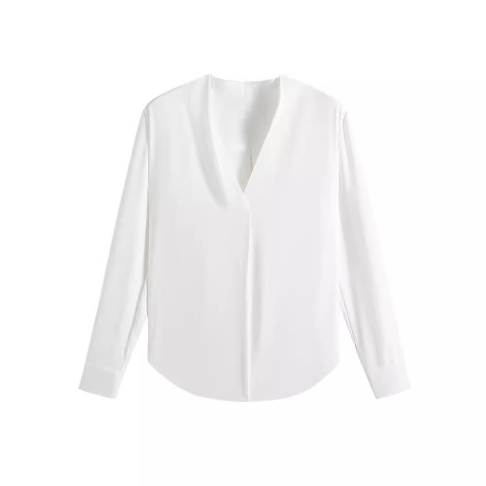 Women's Short Sleeve Blouse V Neck Elegant Loose Fit Shirt Solid Color Chiffon Professional Commuter Office Top