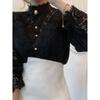 Spliced Long Sleeved Stand Up Collar Shirt Patchwork Long Sleeves Stand Collar Shirt