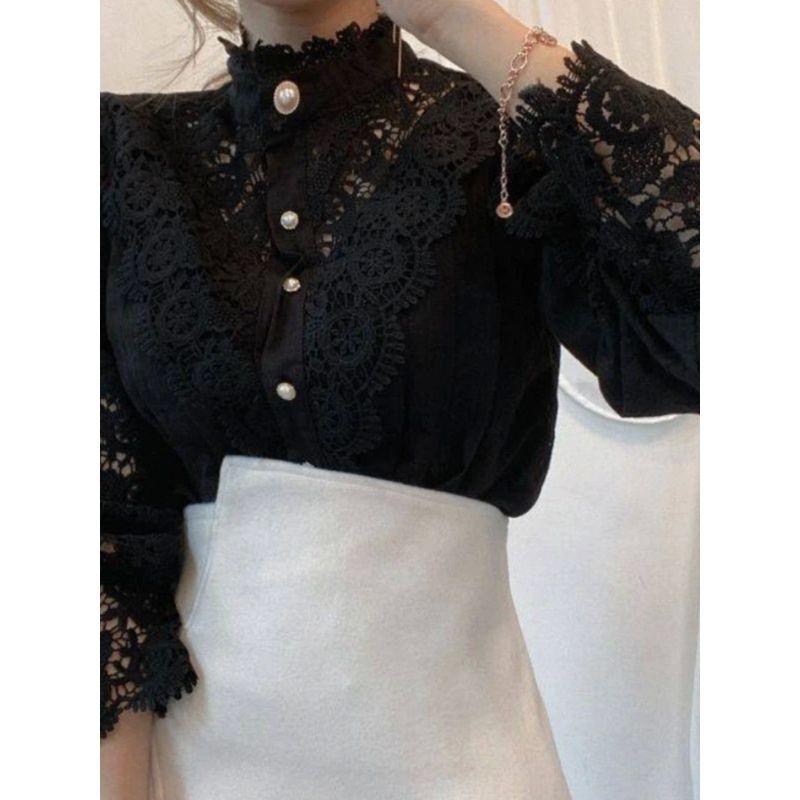 Spliced Long Sleeved Stand Up Collar Shirt Patchwork Long Sleeves Stand Collar Shirt