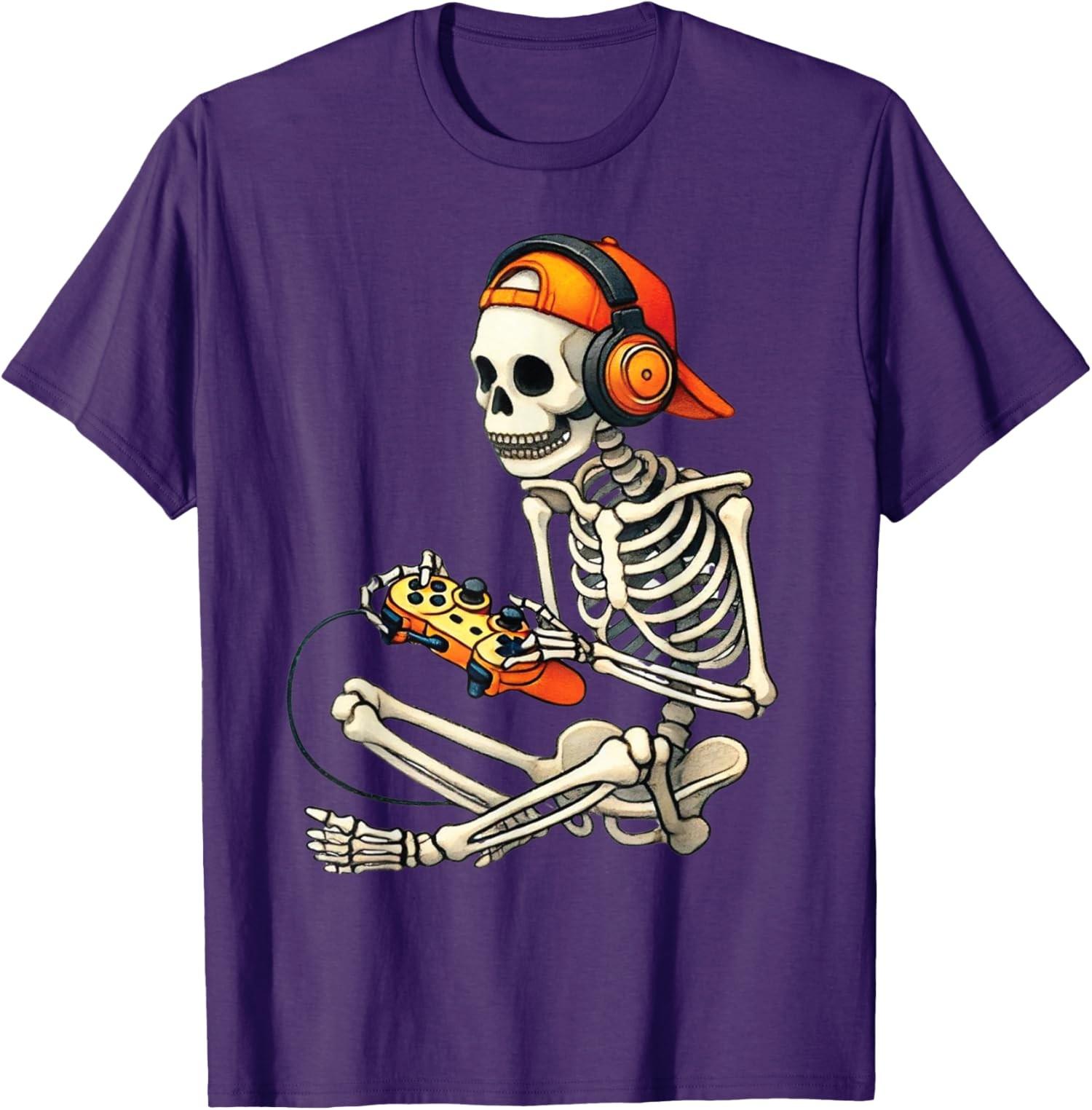 Halloween Skeleton Gamer Video Gaming Design Fun Unisex T-Shirt S разноцветный