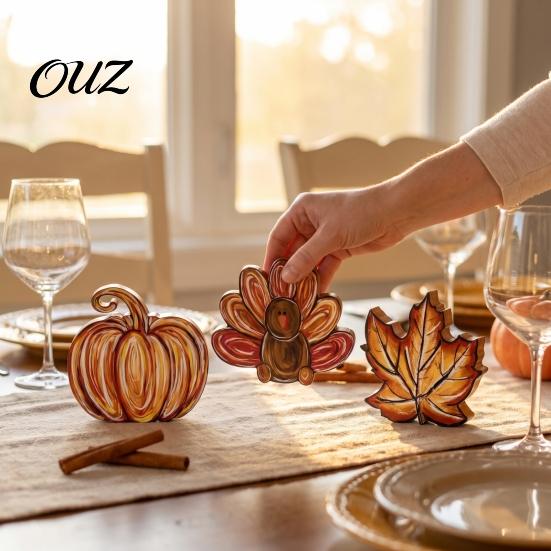 Thanksgiving Centerpiece for Dining Table 3Pcs Wooden Block Signs, Fall Pumpkin Turkey Maple Leaf Tabletop Rustic Autumn Tiered Tray Accents