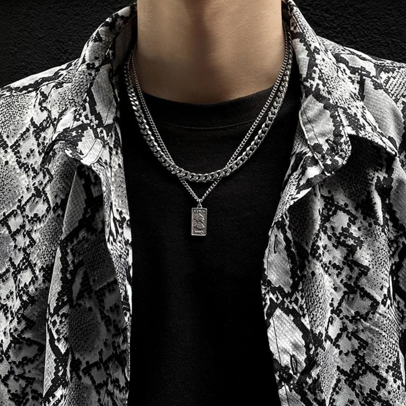 Punk Fashion Rectangular Pendant Necklace Men's Silver Tone Rectangular Pendant Choker Necklace Cuban Link Neck Chain