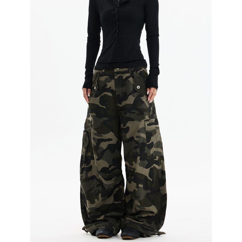 Kisko American-Style Washed Vintage Camouflage Multi-Pocket Cargo Pants Unisex Trendy Loose Straight-Leg Casual Knife-Cut Pants