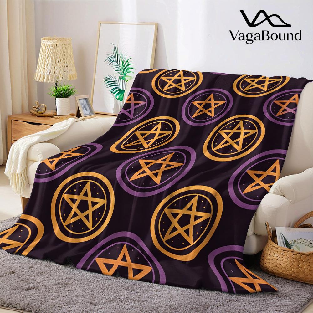 Golden Mystical Pentagrams Flannel Blanket Warm Soft Halloween Christmas All-Season Couch Decorative Cozy Warm Gift