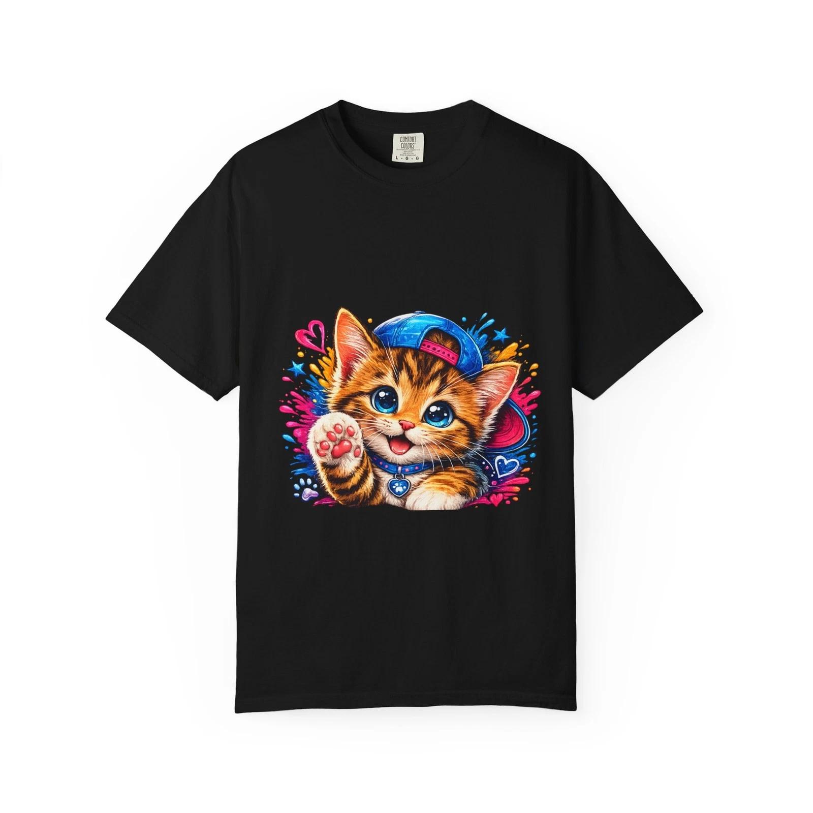 Cute Kitten with Cap T-Shirt | Colorful Paw Print Cat Design XL